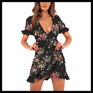 BOUTIQUE Classic Wrap Dress Black Multi Color Floral & Stars